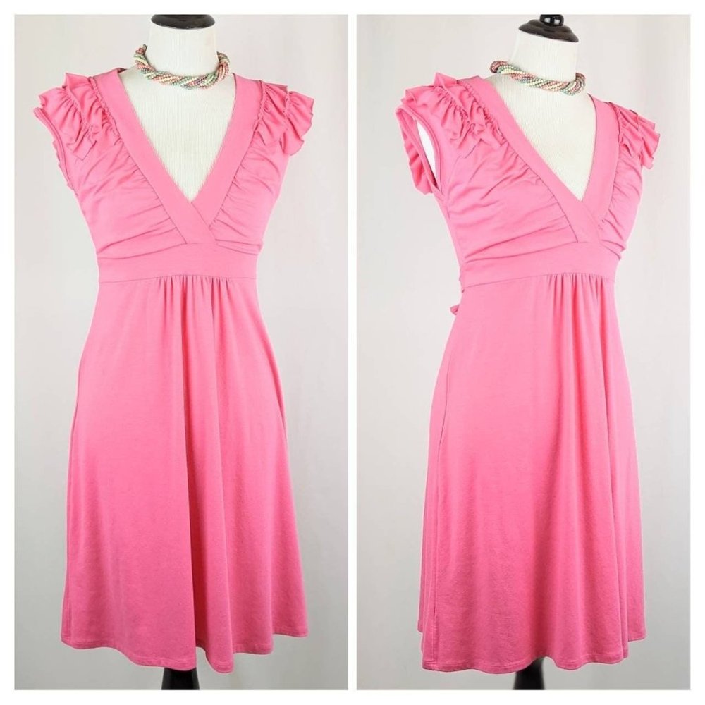 Vtg 80s Bubblegum Pink Soft Jersey Knit Pullover Dress Women's V-Neck Sundress